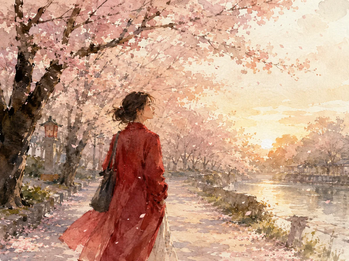 桜並木を歩く赤いコートの女性を描いた水彩風AIイラスト生成の作例