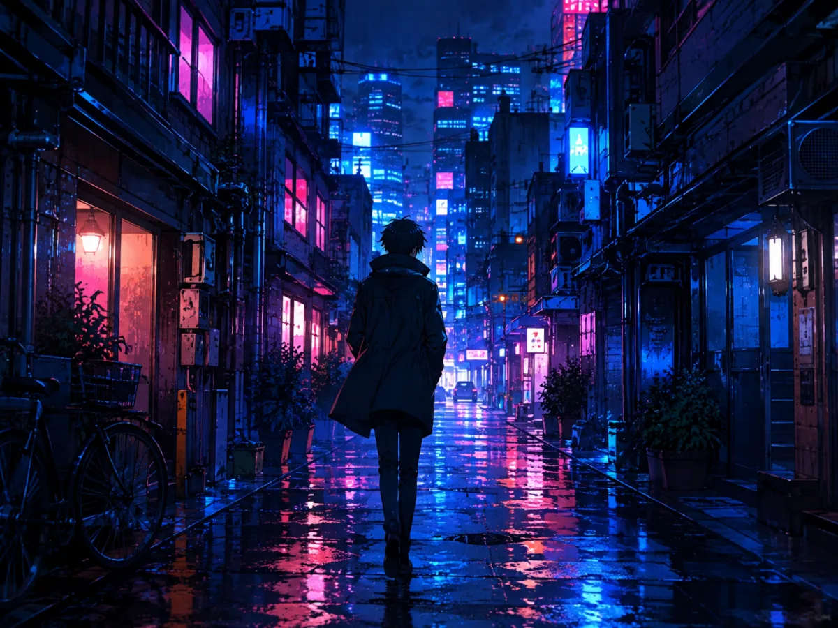 ネオンの雨が降る東京の路地を歩く人物を描いたアニメ風AI画像生成の作例