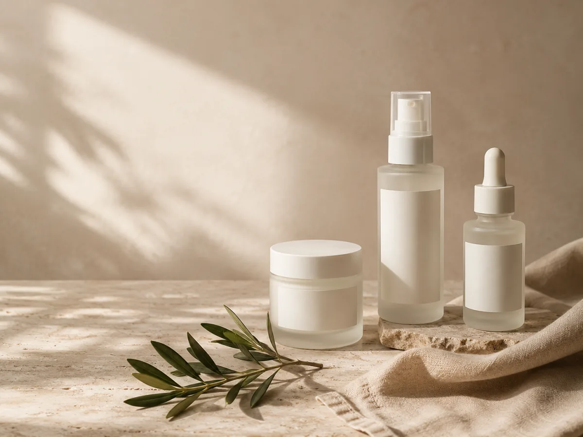 AI-generated skincare product campaign concept with blank packaging in a bright editorial setting